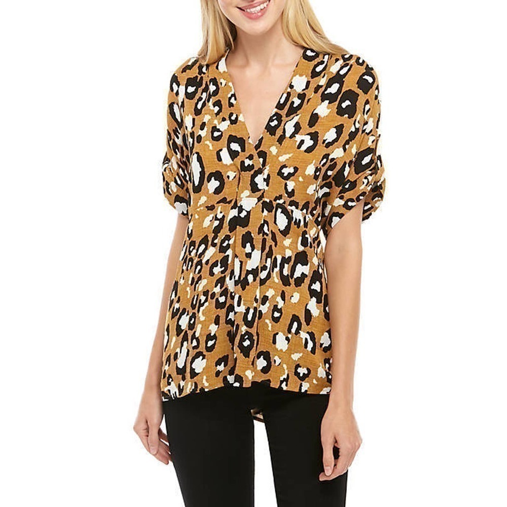 Jones New York Size XL Animal Print V Neck Roll Tab Sleeve Top Brown Black White